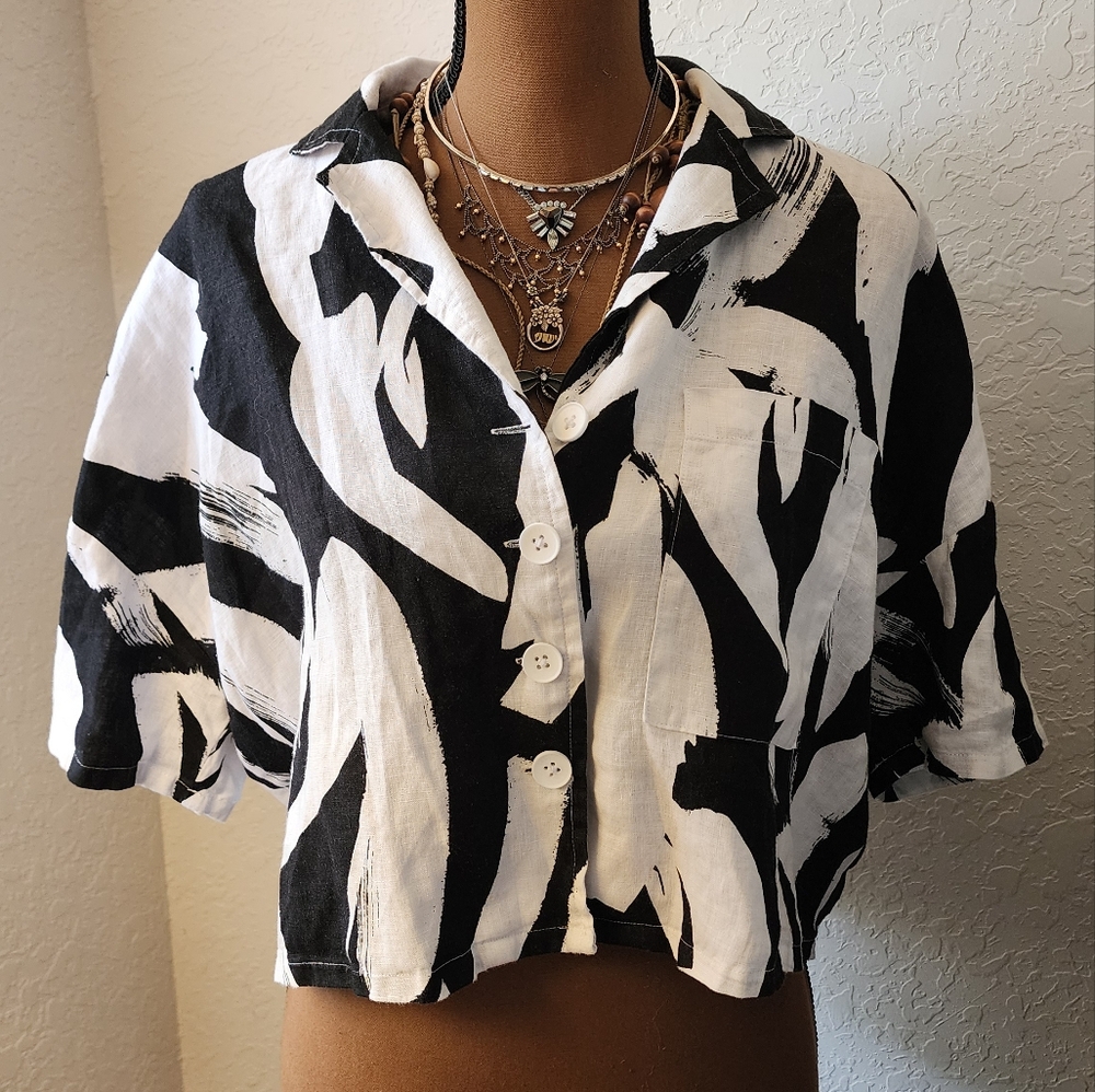 Womens DKNY PURE Black and White Linen Crop Button-Up Top Extra Small